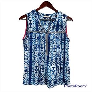 Skies Are Blue Blue and white Sleeveless  IKAT Embellished V-neck Top Medium